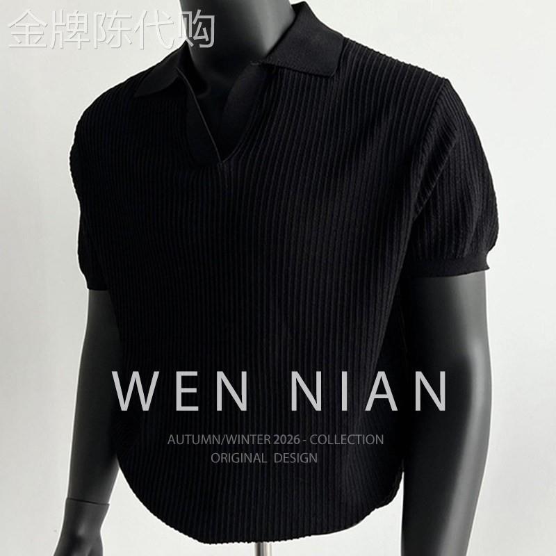 韩国WEN NIAN老钱风坑条半袖polo衫男士2026夏季短款针织短袖t恤
