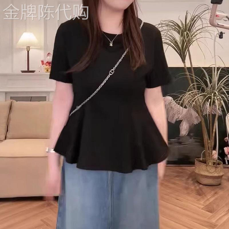 大尺码正肩鱼尾下摆短袖t恤女夏季2026欧货胖mm收腰巨显瘦别致上