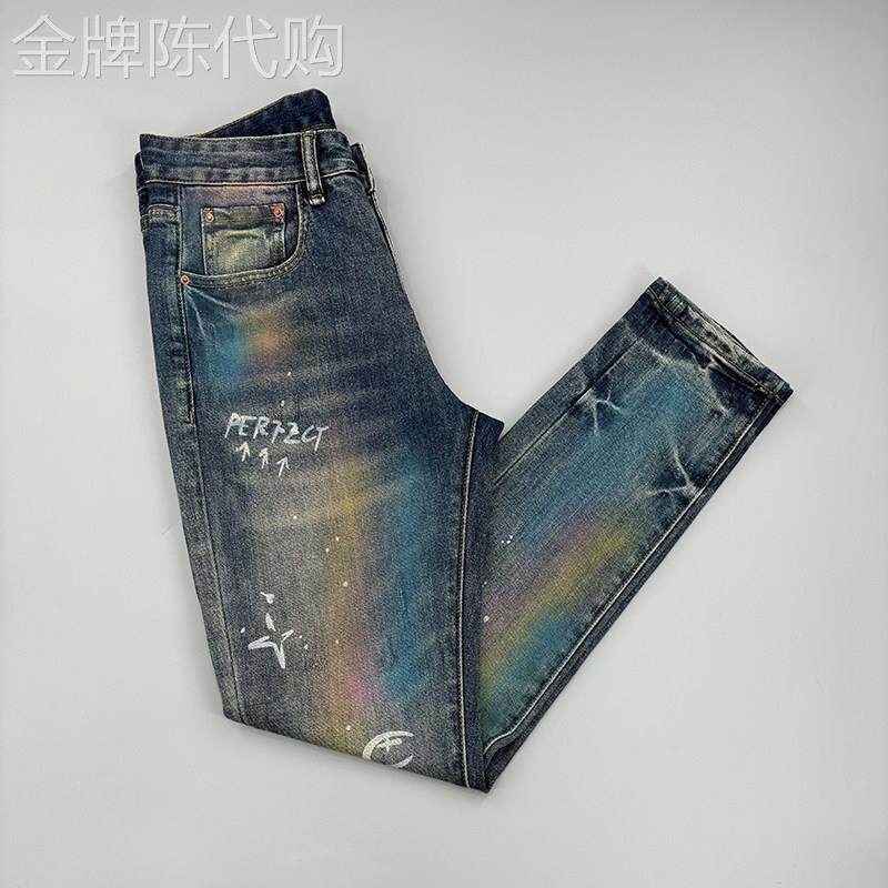 高端欧货泼墨印花牛仔裤男春秋季时尚涂鸦潮流修身小脚弹力长裤子