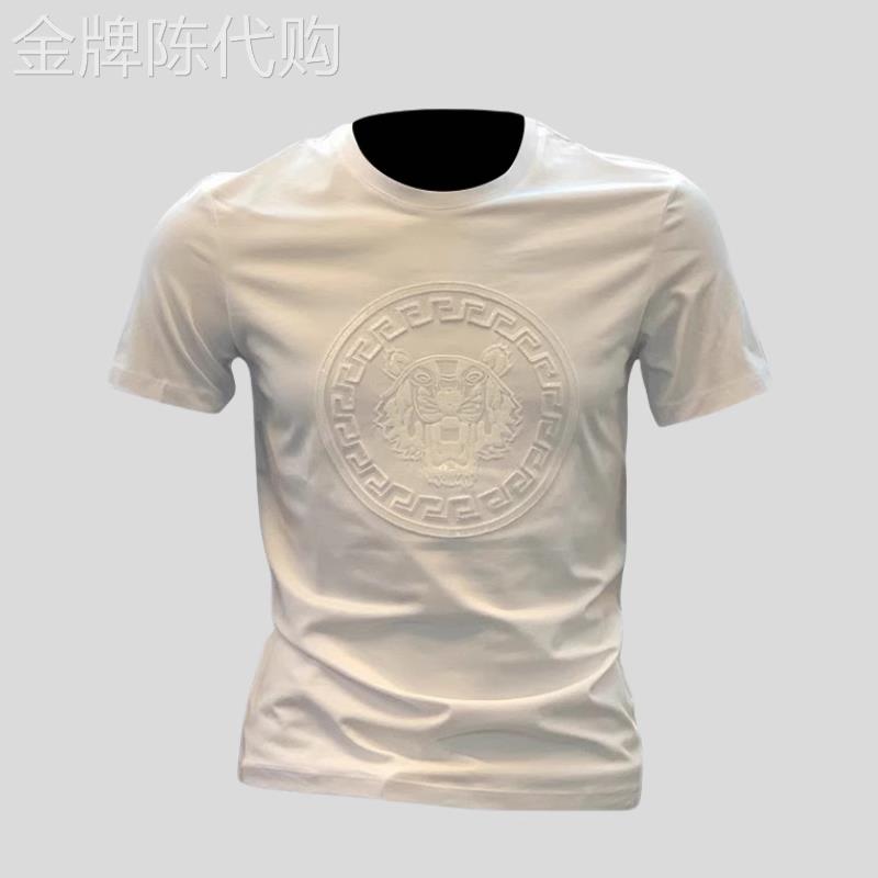 轻奢高端男装专柜~2026夏季青年刺绣虎头圆领潮流修身亮片短袖T恤
