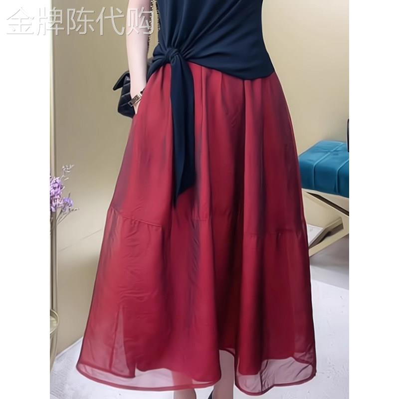欧根纱半身裙女夏季薄款气质高腰A字裙时尚减龄中长版纱裙仙女裙