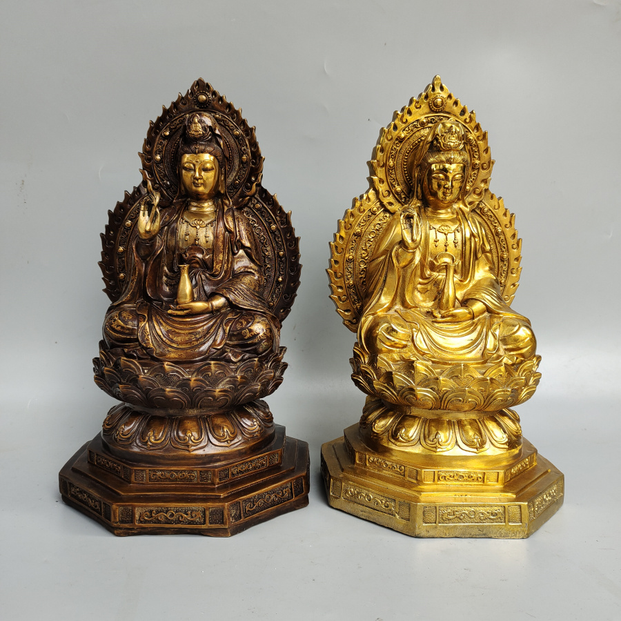 南无观世音菩萨铜像摆件铜莲花净瓶背光坐像火焰观音家居高40公分