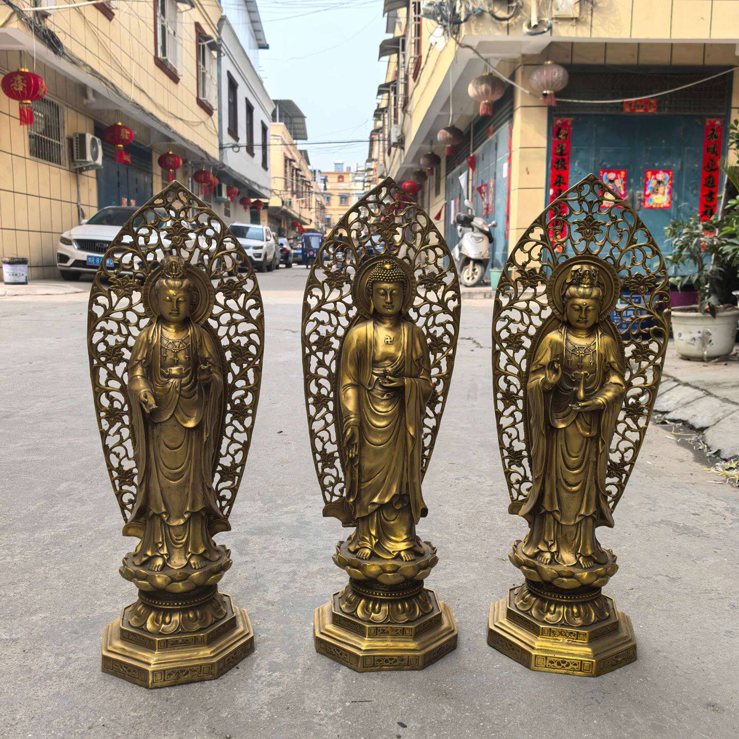 大号铜西方三圣铜像摆件高80公分观音如来地藏王菩萨背光莲花站像