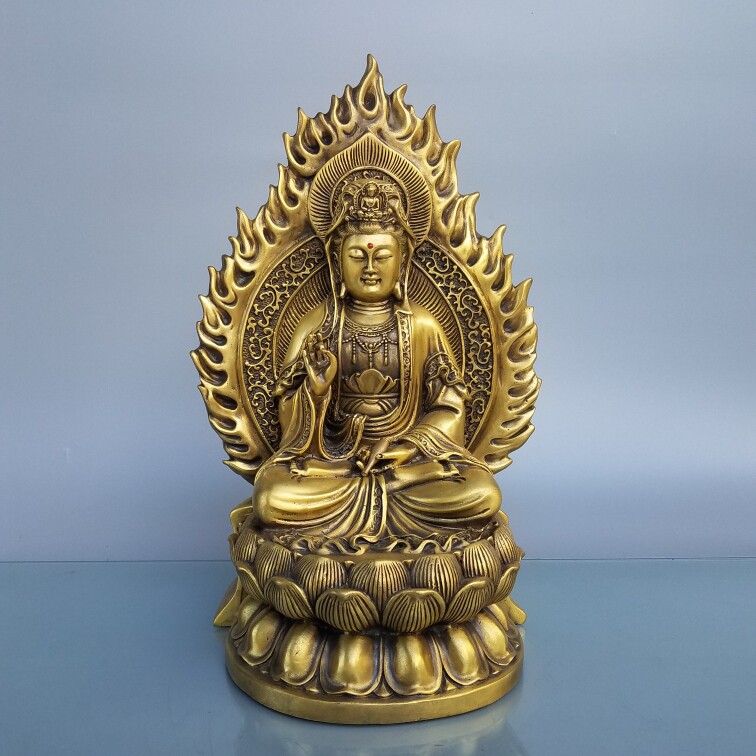火焰观音铜像摆件铜福字净瓶莲花观世音菩萨背光坐像大号家居佛堂