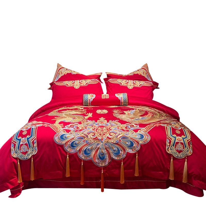 大红色中式龙凤喜被结婚四件套纯棉100S长绒棉婚U庆高级感床上用
