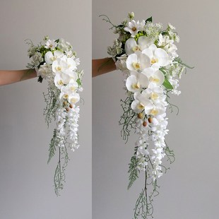 手捧花瀑布垂坠感新娘p花束 结婚摄影仿真花绿白假花家居台面装饰