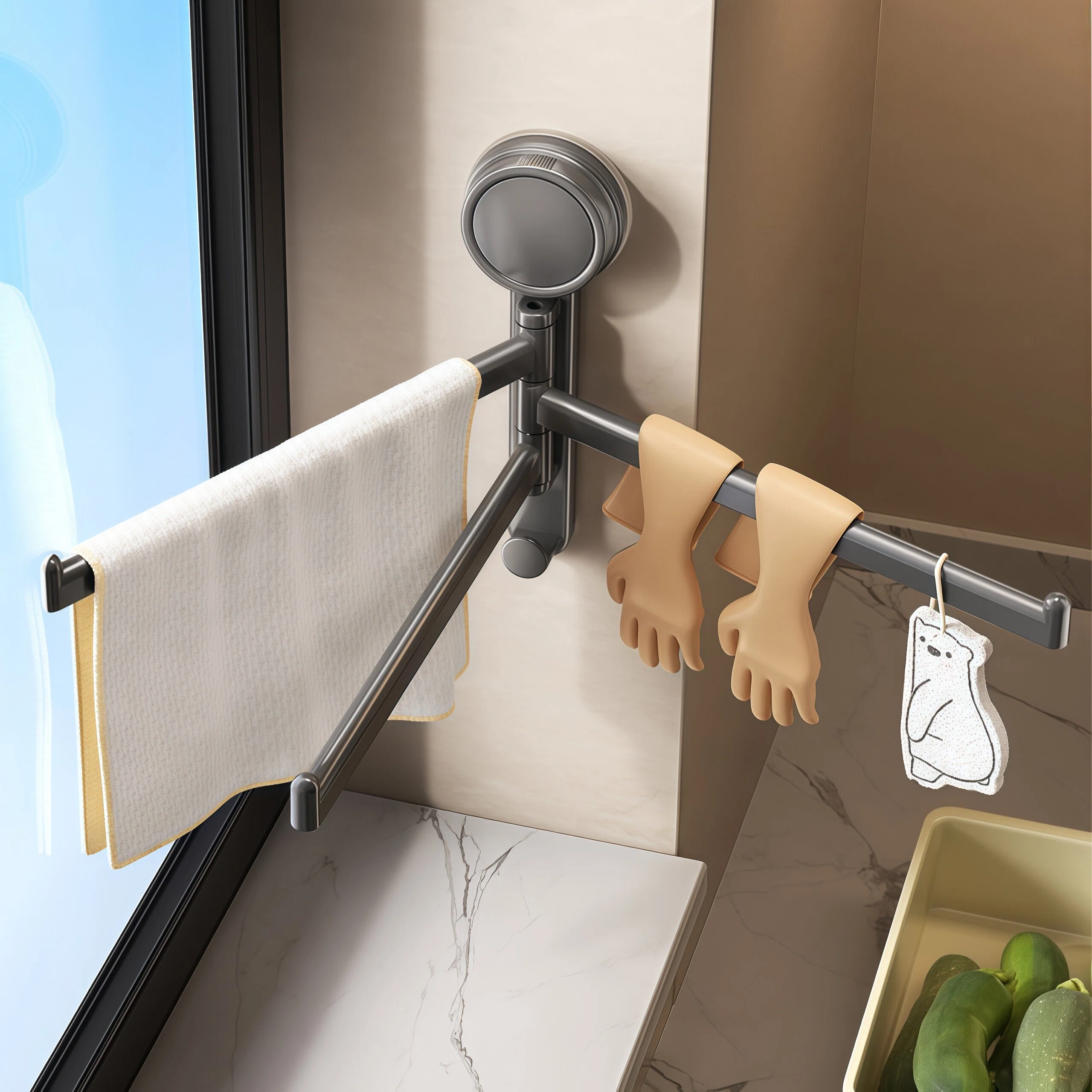 日本进口吸盘厨房抹布架置物架洗碗槽窗台沥水架壁挂可旋转毛巾架