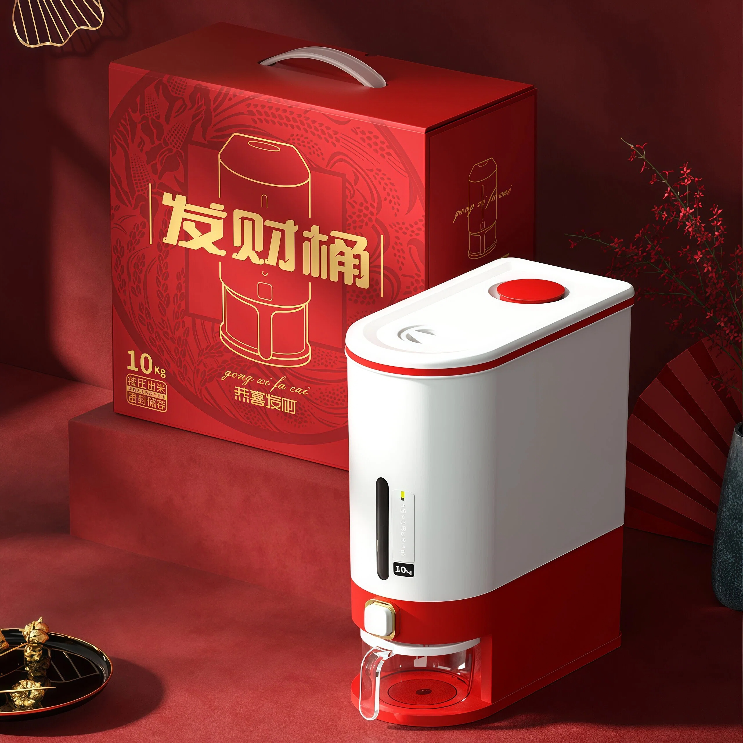 日本进口按压式米桶礼盒装发财桶2026新款食品级乔迁新居高档礼物