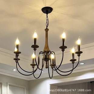 华诗源复古木艺蜡烛吊灯别墅法式中古餐厅客厅灯具胡桃木色复古风