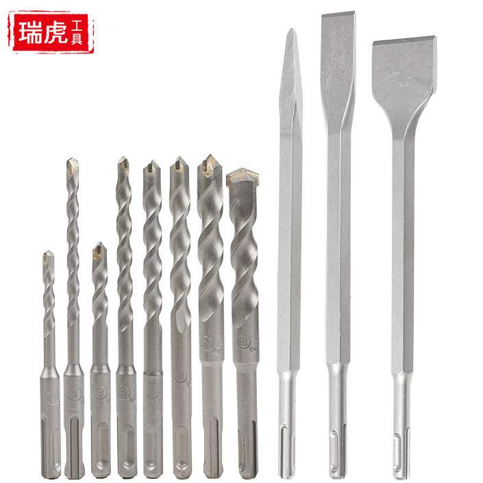 水泥混凝土开孔电锤凿子钻头组合11PC 圆柄尖凿扁凿 圆柄一字钻头