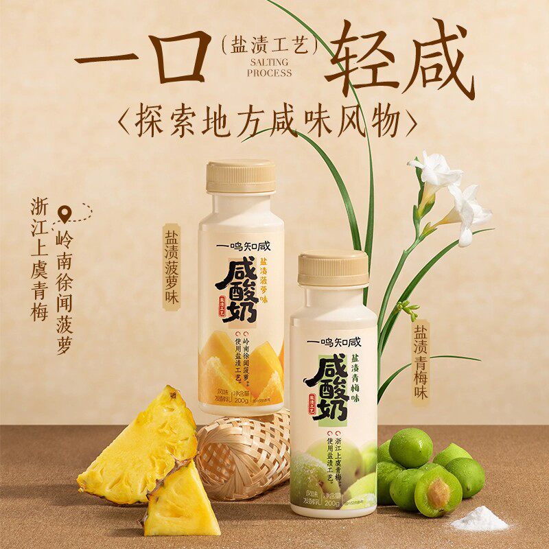 一鸣真鲜奶吧咸酸奶青梅/菠萝风味冰淇淋感大果粒发酵乳200g*10瓶