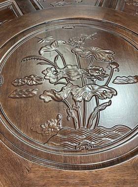 家用餐桌FDS中式雕六花带转盘南美紫木一桌椅檀全实木桌椅餐组合