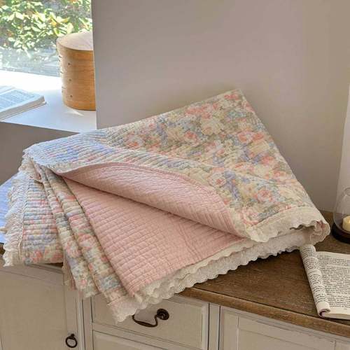 绗韩系碎花提花双三层纱盖件套花边款BKO床缝夹棉榻榻米防滑床单