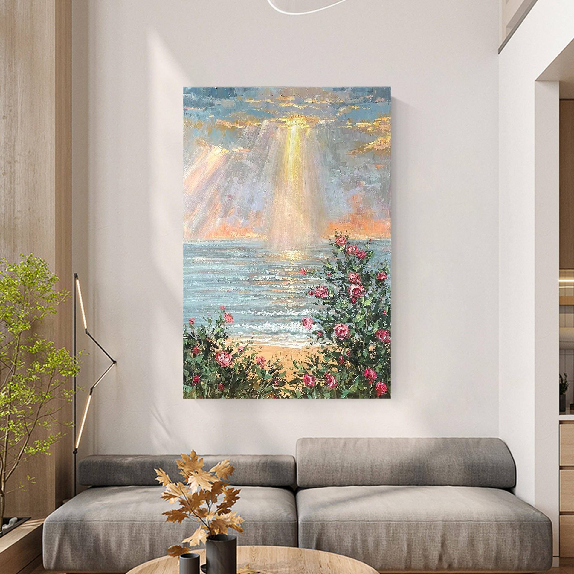 手绘景画风玄油关装饰画现代简日约客TVC厅肌理画海上出走廊竖版