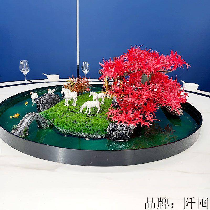间酒店包间花圆形新式jj8CwKaA微景观盘景大圆中餐桌转盘中摆花中