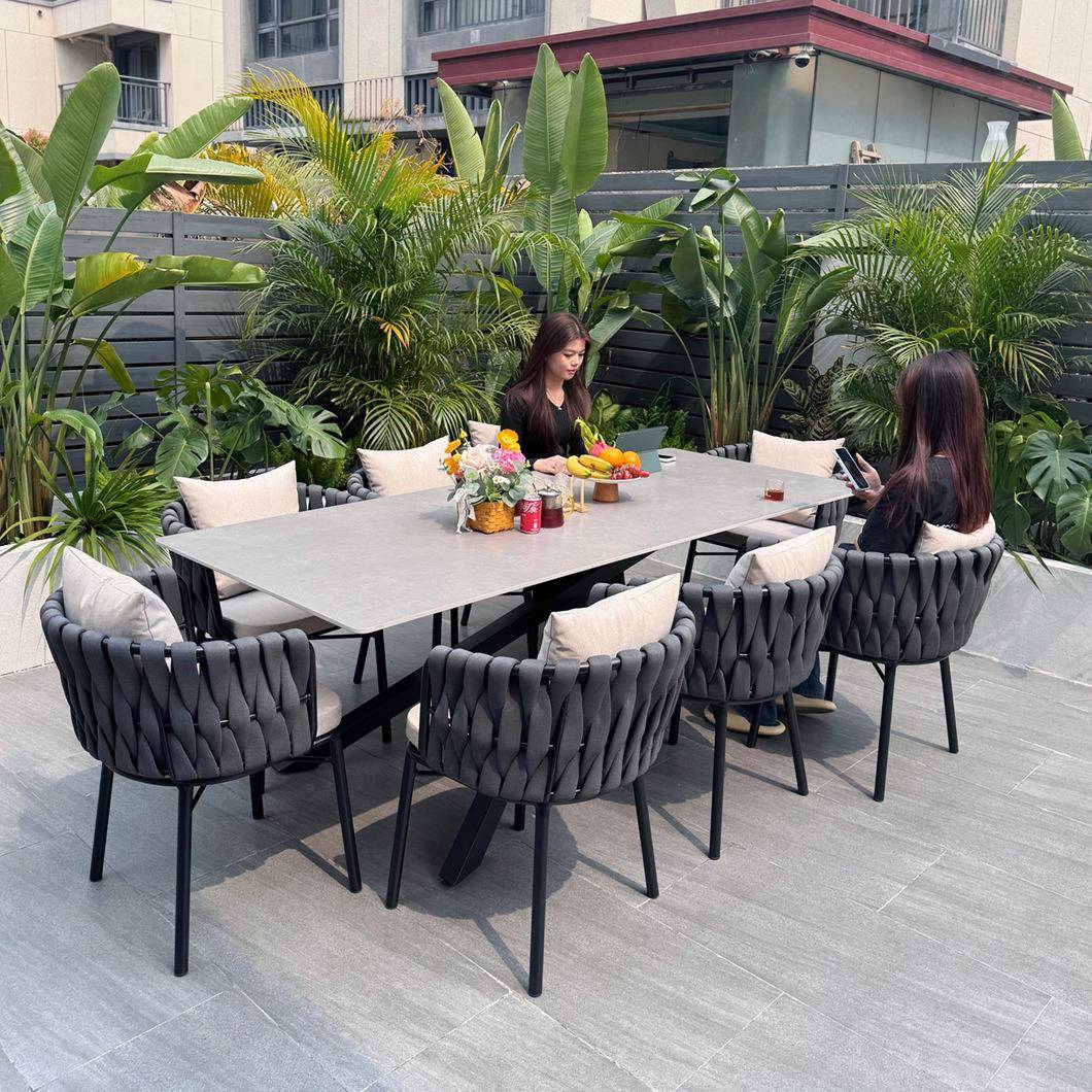 户外桌椅香槟色织庭院园轻奢花餐桌椅组合别墅室外台露台阳编织带