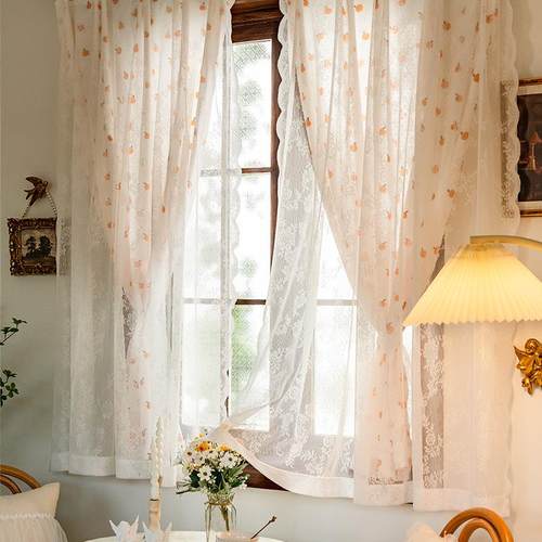 UG7法式田园橘子小窗帘窗双层蕾丝纱帘户美式卧室免打孔风RNK门帘