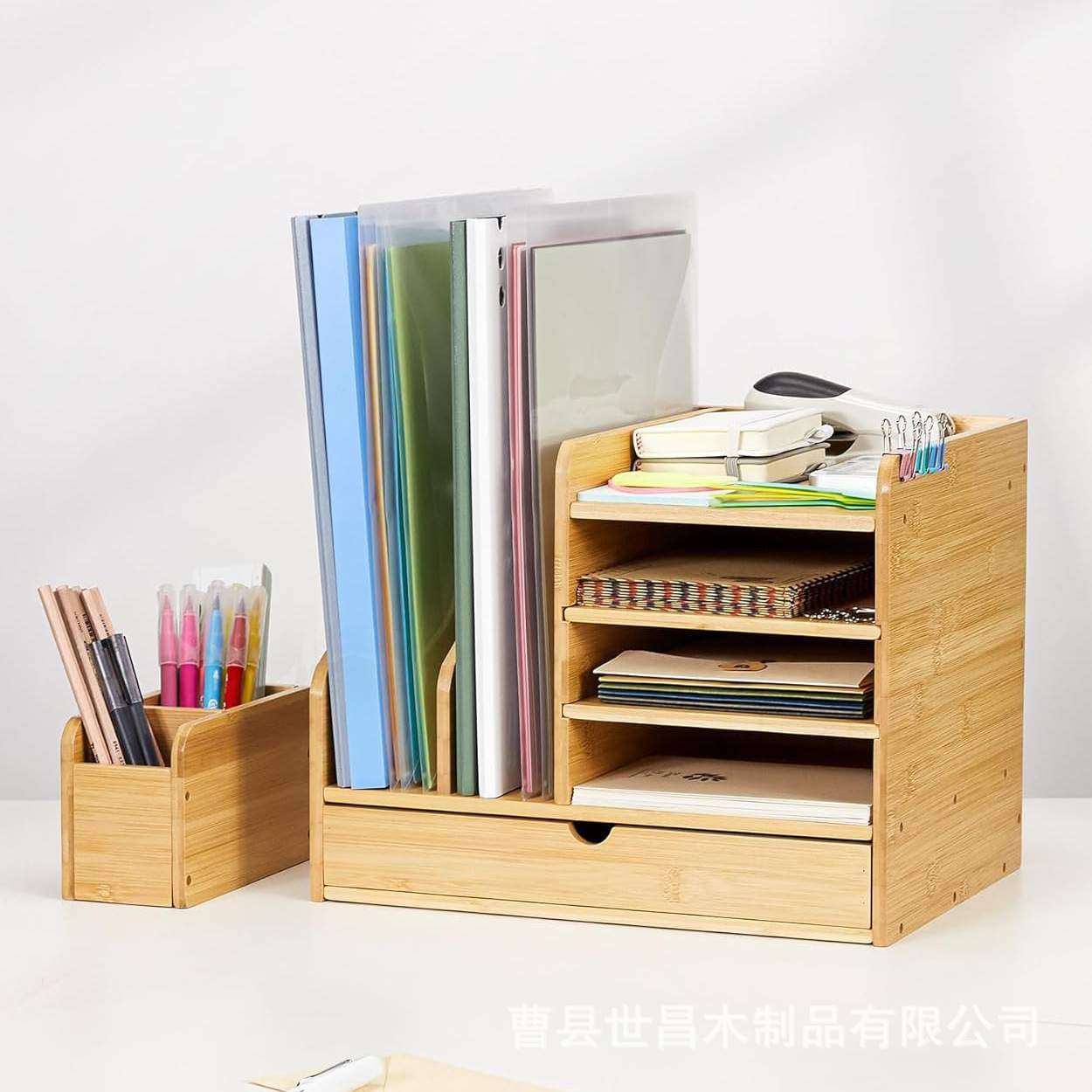 竹木桌面文件管理架办公室笔筒收纳盒三层置物架学生书籍杂志架