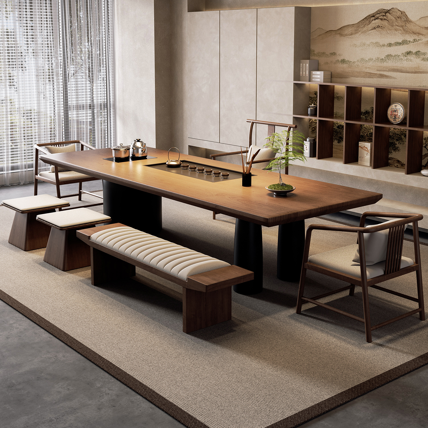 宋代美学实木茶桌椅组合一桌五椅新中式大板桌办公室客厅家用茶台