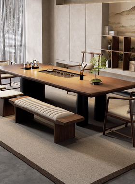 宋代美学实木茶桌椅组合一桌五椅新中式大板桌办公室客厅家用茶台