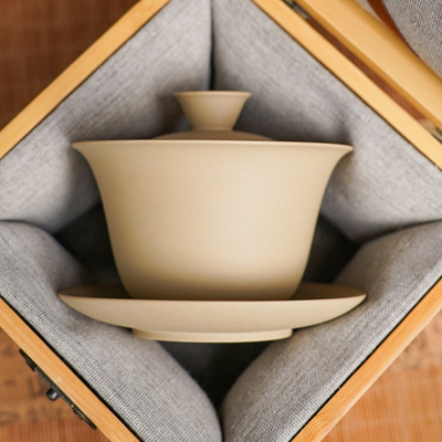 建水紫陶三才悬停防烫盖碗薄胎