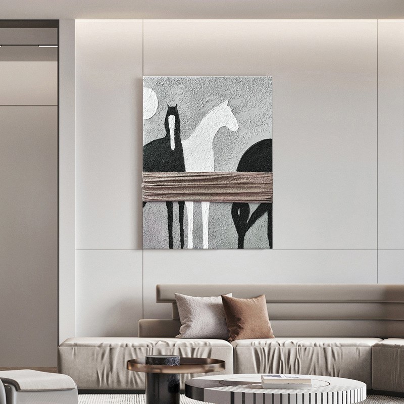 速发纯手绘油画动物马客厅玄关挂画酒店样板房大尺寸轻奢装饰壁画图片