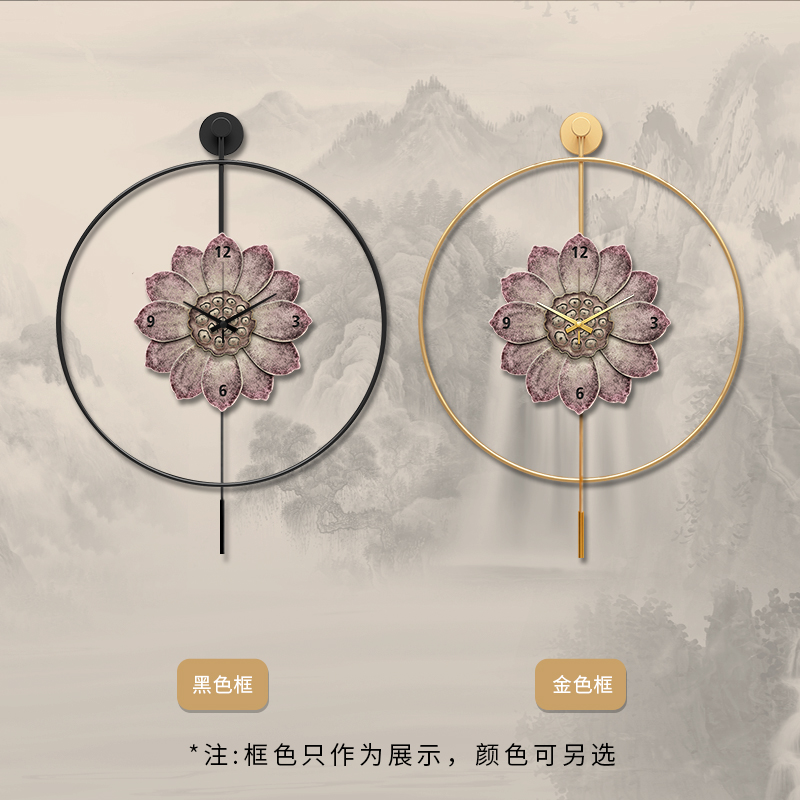 现货新中式餐厅挂钟装饰画荷花玄关挂画创意客厅挂墙静音时钟画图片