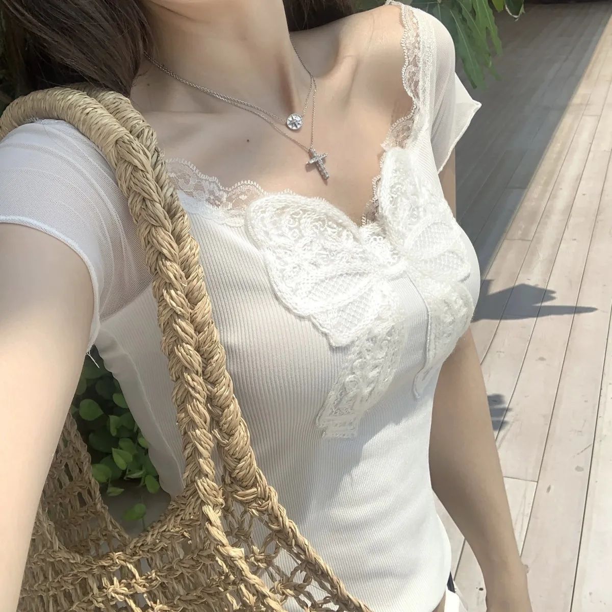 蝴蝶结纯欲一字网纱蕾丝