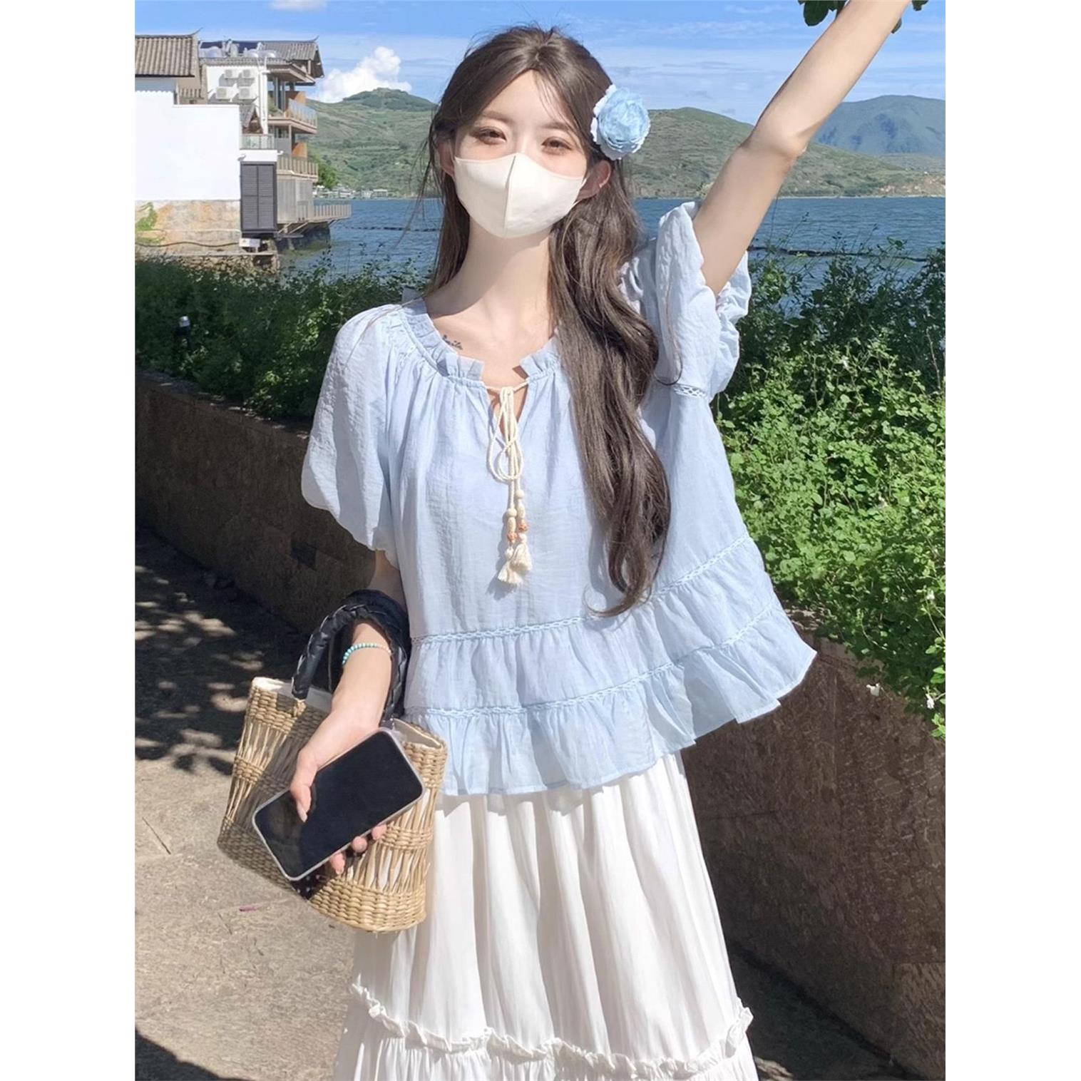 蓝色短袖圆领上衣女夏法