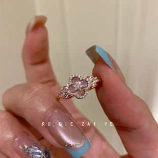 桃思竹 幸运up!粉色贝母闪钻玫瑰金戒指女轻奢高级感开口戒