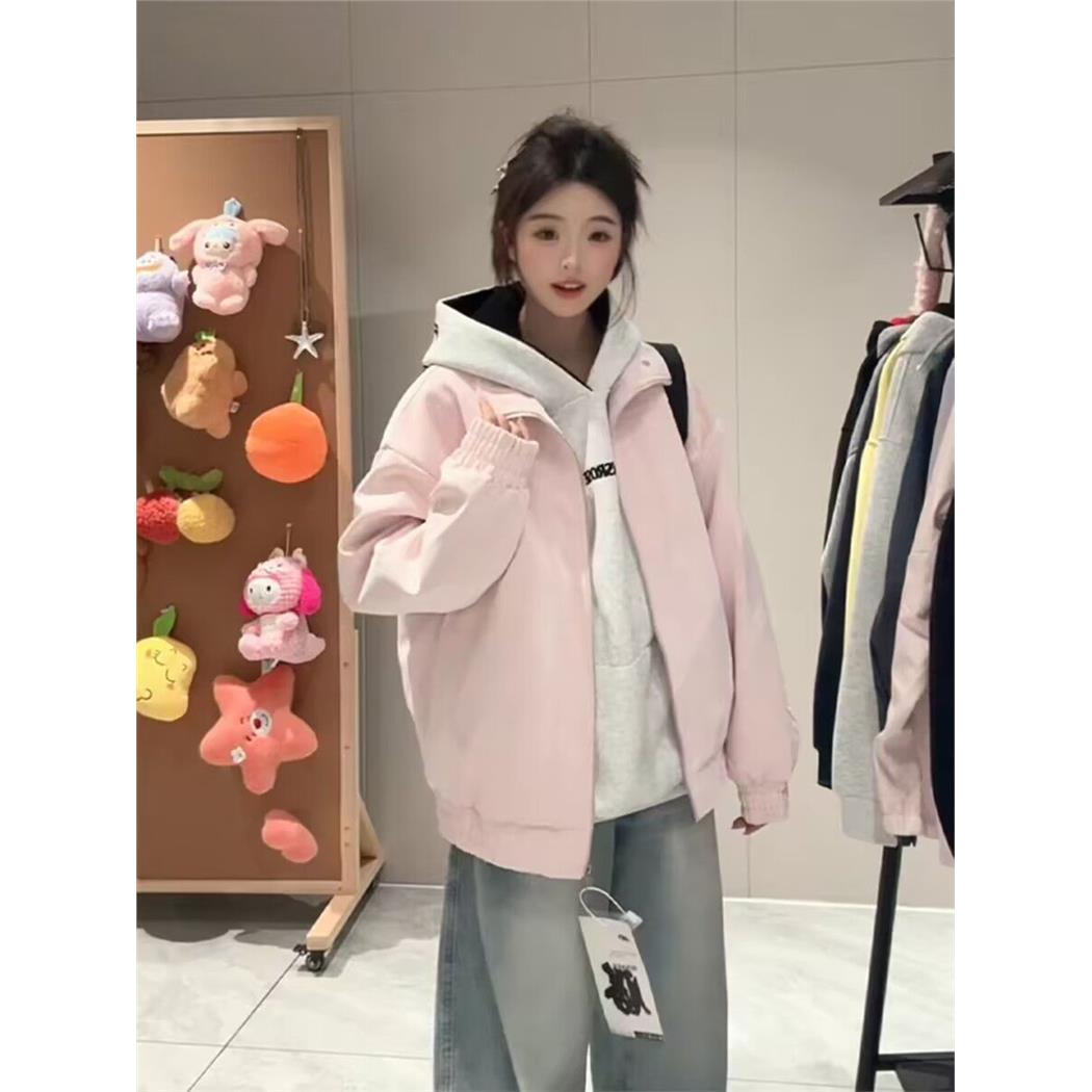 粉色立领皮衣夹克男女春