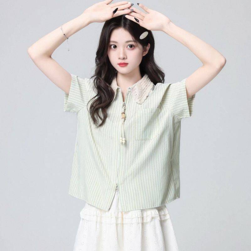绿色条纹短袖衬衫女2026