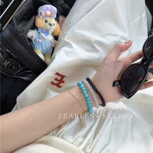 FEARLESS 天然蓝绿色串珠手链小众手工新中式叠戴天然石手串女