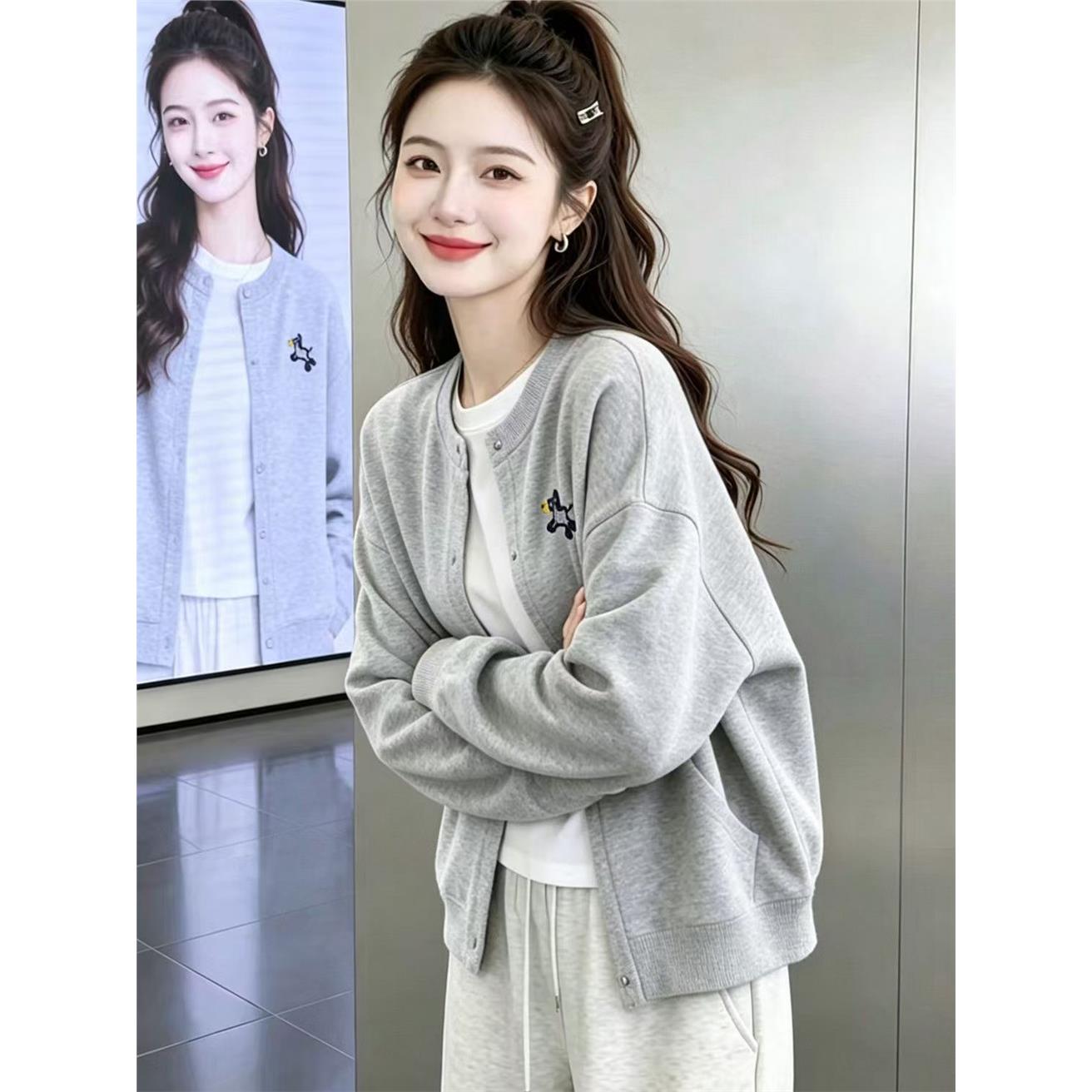 灰色刺绣开衫卫衣外套女