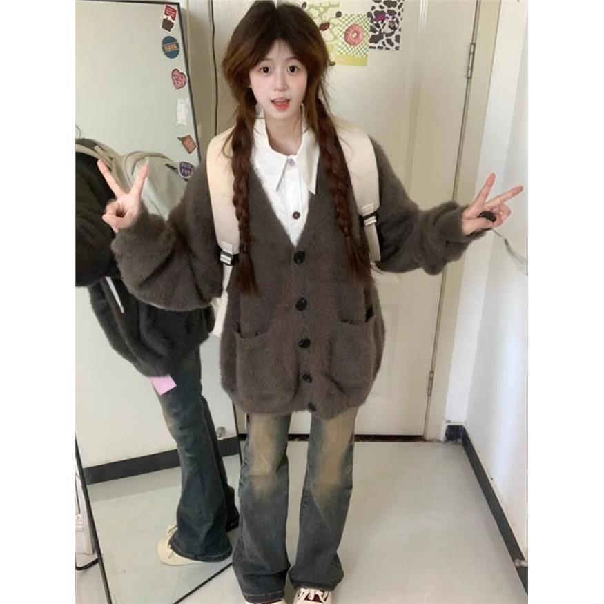 美式复古V领毛衣开衫女秋