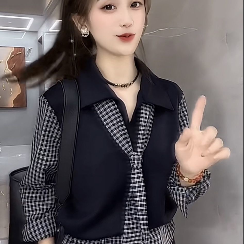 假两件polo领长袖卫衣女