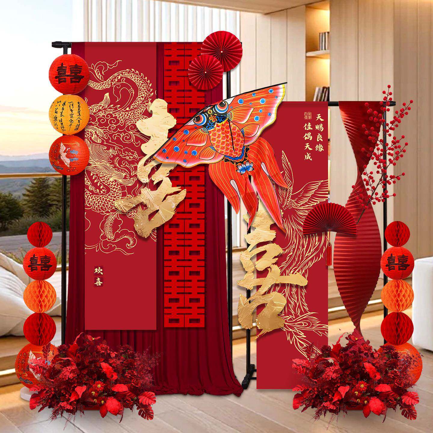 婚房置中式条幅新房客布置布支架厅新娘晨袍F998J8MS拍照幔道具布