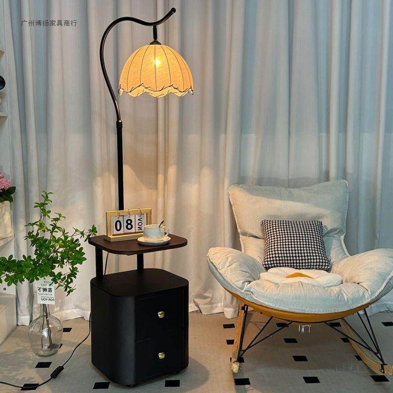 法式头柜落地物台灯实木置架一体立床式灯中古风卧室氛围茶360几