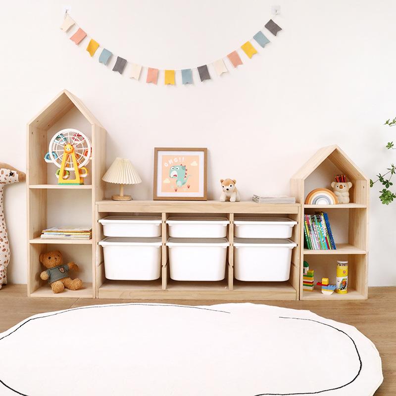 家用儿纳童架房型玩具物收纳置柜实木书架玩具收书架二合小房子儿