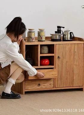 新中式烧老榆木茶水台置桶下茶边柜茶室水柜家A24325-2居收水纳餐