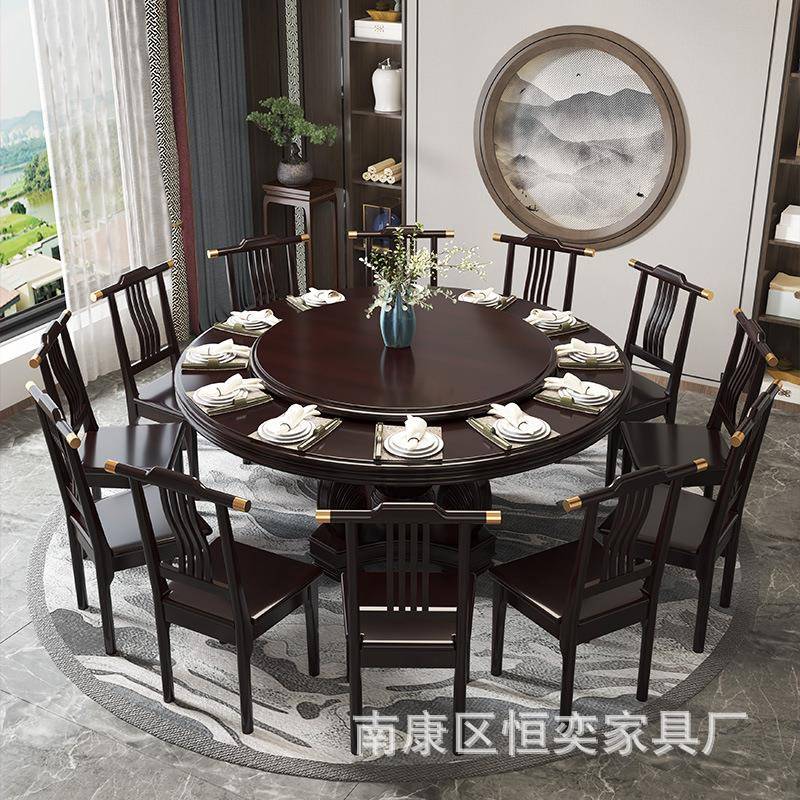 中式圆实木新餐桌形带转盘家用大KYM橡木10人圆餐桌