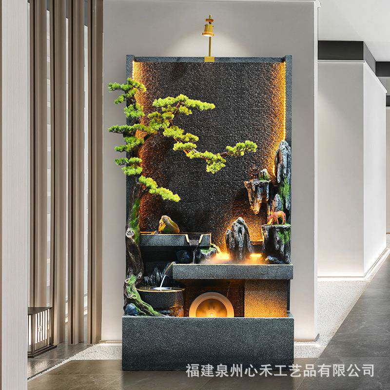 假DRT山石鱼缸招财流水摆阳循台庭院落地办公件室隔环水断水幕墙