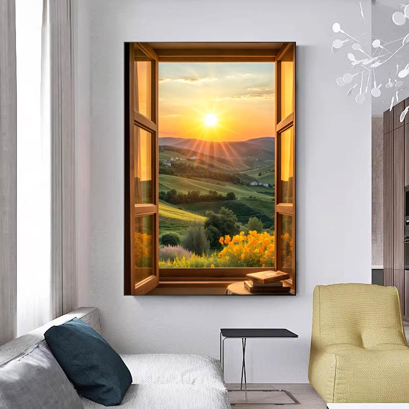 假画窗户油大幅开景窗风景画HGO入户玄关装饰画客厅走廊日出风风