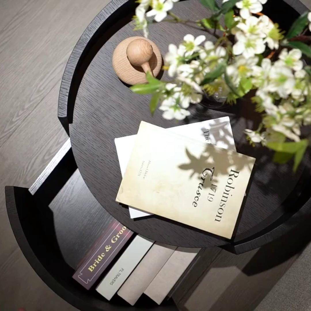 床头柜极简实木形网烟熏红色卧01室圆式储物柜意创意橡木床边柜高