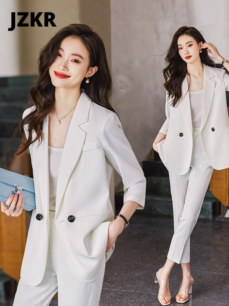高端品牌白色西服套装女职业正装时尚气质七分袖休闲西装工作服夏