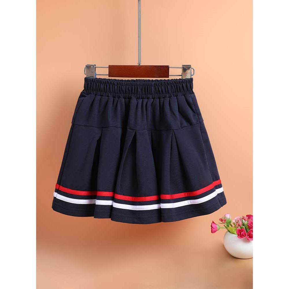 女童校服短裙藏青色红白杠条百褶裙中大童小学生班服裙女孩半身裙