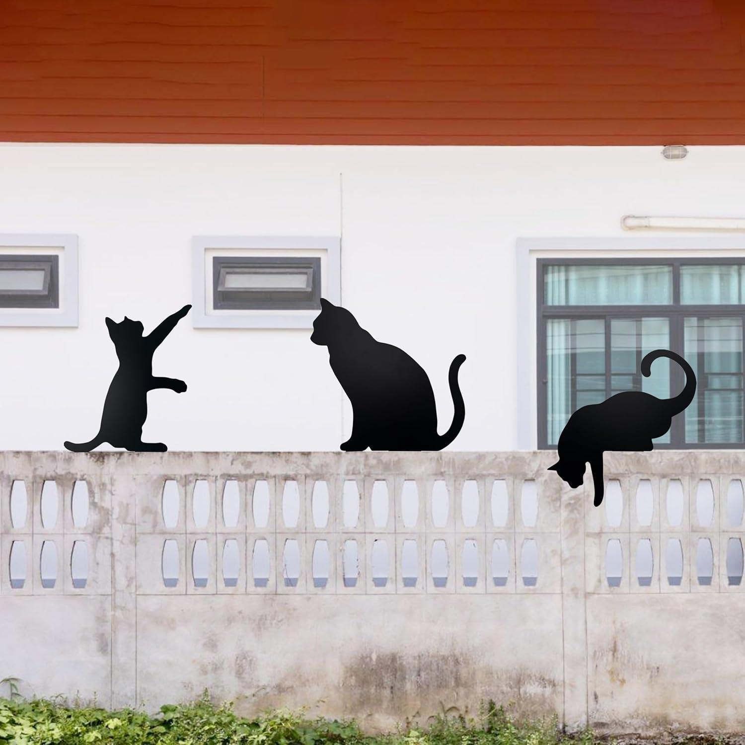 3件套黑猫围栏装饰铁艺猫剪影乡村木栅栏装饰户外树桩和庭院摆件