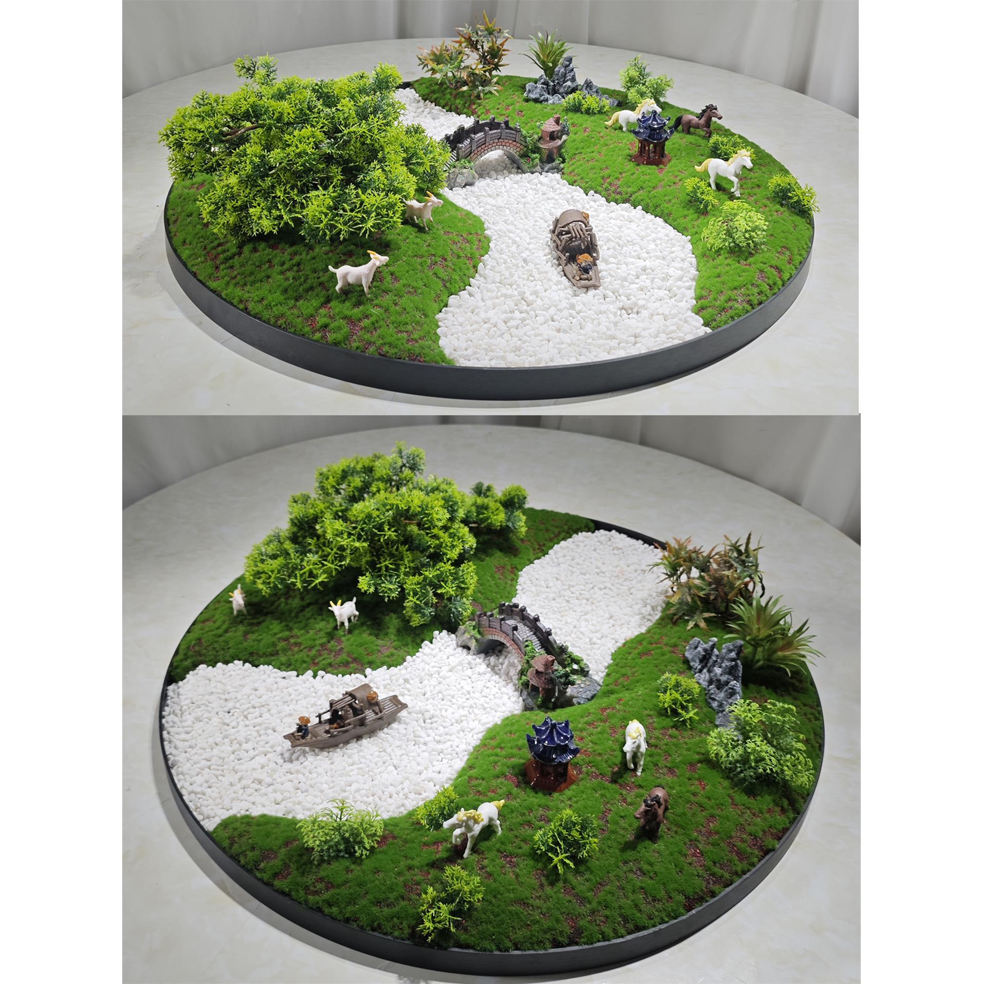 新中式酒店餐桌中间摆件饭店大圆桌电动转盘摆花微缩景观沙盘装饰