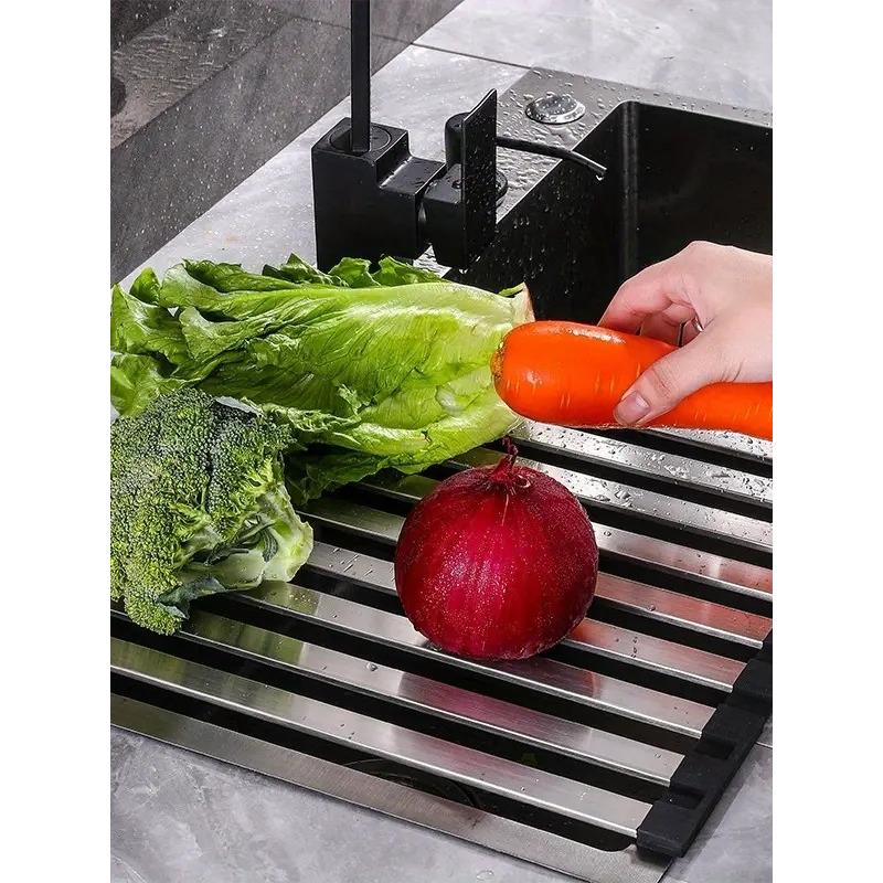 304不锈钢厨房沥水架可折叠卷帘硅胶沥水垫碗槽沥水篮水槽置物架