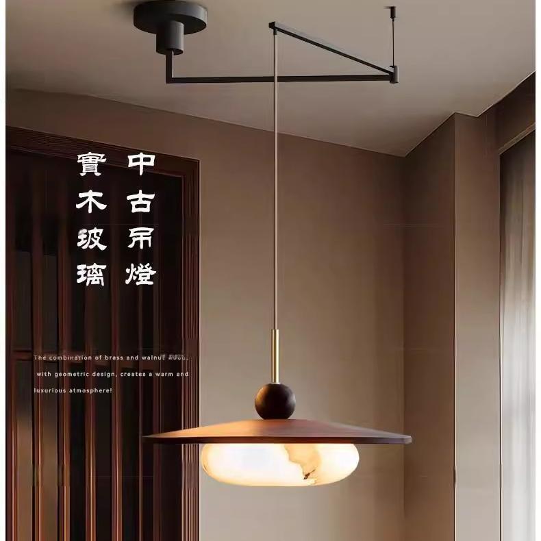 可移位摇臂餐厅灯新款胡桃木纹中古侘寂风吧台餐桌高级感民宿吊灯